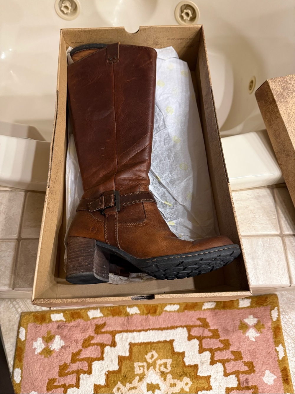 Born Evelyn Cognac Brown Semi-Distressed Leather Mid-Calf Heeled Boot